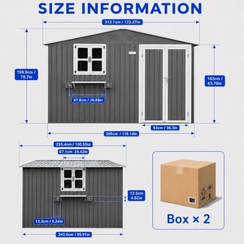 10x8 FT Outdoor Storage Shed with 2 Clear Windows, Metal Garden Shed with Flower Racks & Baskets, Outside Tool Shed with Lockable Double Doors, Waterproof Storage Building for Backyard, Gray