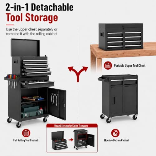ARNOT 2-in-1 Rolling Tool Chest with 5 Drawers, Heavy-Duty Metal Tool Box with Wheels, Detachable Top Tool Box & Rolling Tool Cabinet for Garage, DIY (5-Drawers, Black)