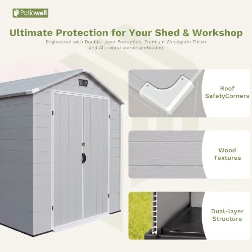 Patiowell 6X10 FT Plastic Outdoor Storage Shed with Floor, Light Grey