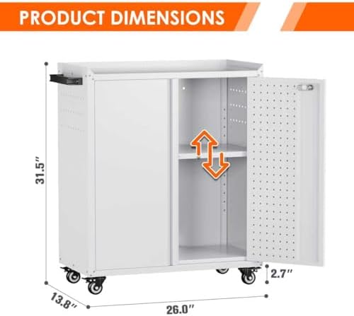 Aobabo 31.5" H Metal Rolling Storage Cabinet, Locking Steel Storage Cabinet on Wheels with Pegboards and 4 Hooks, for Office, School, Home, Library, White, Assembly Required