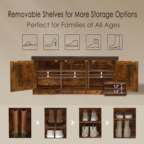 DINZI LVJ Shoe Storage Bench with Cushion, Door, Rustic Brown 39.4"LX17.7"H