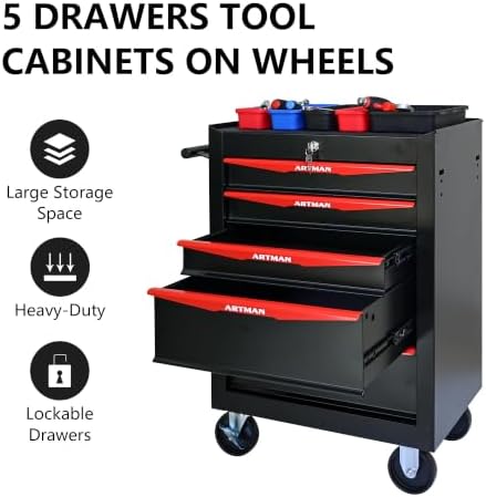 Heavy Duty 5-Drawer Rolling Tool Chest, Key Lock Tool Storage Cabinet with Lockable Casters & Drawer Liners, Mobile Tool Organizer Cart for Garage Workshop Warehouse Repair Shop (Black)