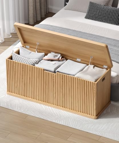 Akxomel 45.3" Fluted Storage Chest Wooden Storage Trunk 2 Safety Hinges Oak