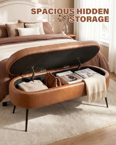 Storage Ottoman Bench, 43.7"PU Leather End of Bed Bench Walnut Brown