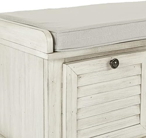 OSP Home Furnishings Dover Coastal Lift-Top Storage Bench with Shutter Face Styling, White Wash Finish with Off-White Fabric Cushion