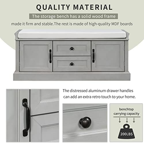 Knocbel 42.5" Storage Bench with Removable Cushion, 2 Drawers and 2 Cabinets, Entryway Hallway Foyer Shoe Bench Bedroom End of Bed Bench (Gray Wash)