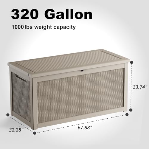 ROJIK 320 Gallon Waterproof Outdoor Deck Storage Box, Lockable Resin Patio Storage Bin with Lid for Garden Tools, Patio Cushions & Outdoor Accessories(Grey)