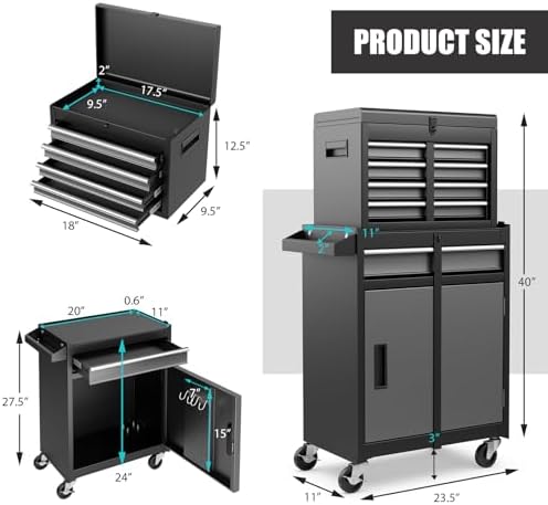 DREAMADE 5-Drawer Tool Chest Combo, Rolling Tool Cabinet w/Detachable Top Tool Box, Adjustable Shelves, Lockable Wheels, Metal Tool Box for Garage, Workshop, Repair Shop Storage (Grey)