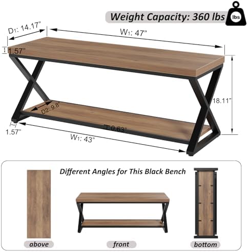 IBF Rustic Entryway Bench with Storage, Rustic Oak Wood and Metal Bench