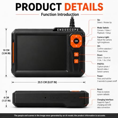 triple lens borescope, 5" ips screen, 1080p photo, front angle view