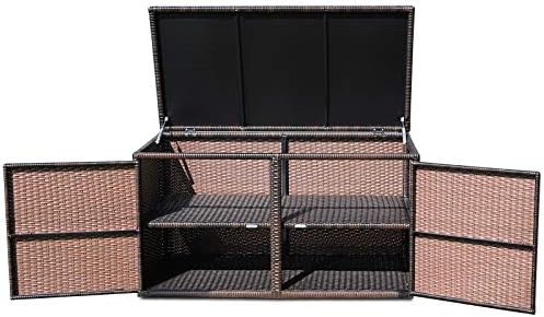 Tangkula 73 Gallon Outdoor Wicker Storage Box, Garden Deck Bin with Steel Frame, Rattan Storage Box with Lid, Ideal for Storing Tools, Accessories