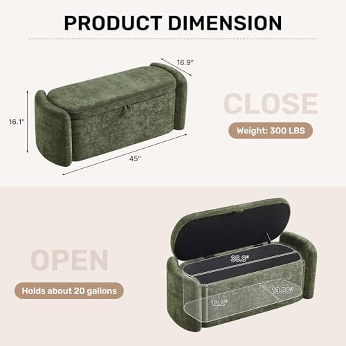 Oval Ottoman Bench with 20 Gal of Storage Space Upholstered Chenille Seat End of Bed Storage Bench Storage Ottoman with Storage for Bedroom, Living Room, Entryway, Window(Green)