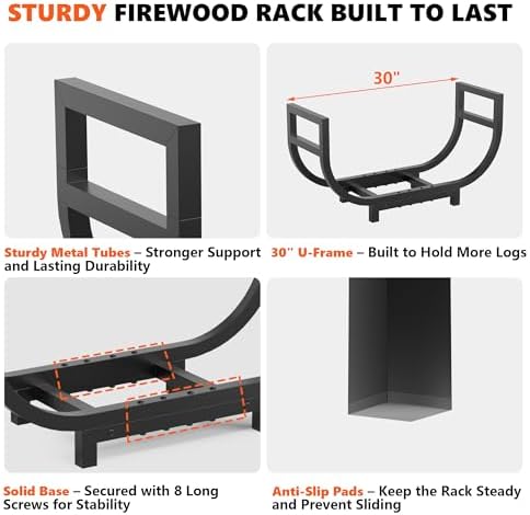 30-inch Firewood Rack Outdoor Indoor with Log Carrier Bag, Stable Log Holder Rustproof Metal Wood Rack for Fireplace Patio Deck Firepit, Heavy Duty Firewood Storage Organizer Tool, Black