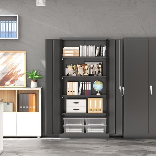 INTERGREAT Storage Cabinet with Doors and Shelves, Metal Garage Storage Cabinets with Lock, Black Lockable Steel Supply Cabinet for Home Office, Warehouse