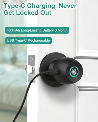 Fingerprint Door Knob Lock for Bedroom with App and Backup Keys
