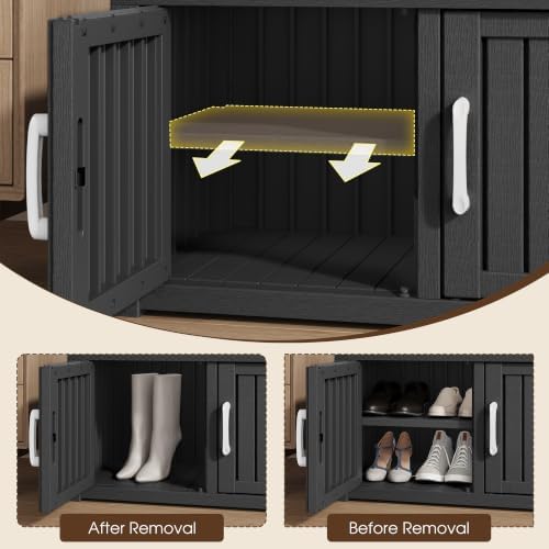 2-Tier Storage Bench, Waterproof UV-Resistant Outdoor Shoe Storage Cabinet with 2 Doors & Adjustable Shelves for Indoor Outdoor Entryway, Hallway, Living Room (Black)