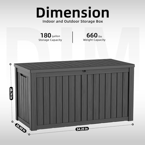 Outdoor Waterproof Resin Storage Deck Box Lockable Outside Bench UV Resistant Bin Patio Porch Furniture Pool Float Garden Tool Cushion (Black, 180 Gallon)