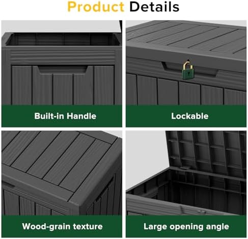 44 Gallon Outdoor Deck Box, Lockable Waterproof Outdoor Storage Boxes For Garden Tools,Indoor Cushions,Accessories Outside Storage Resin Weatherproof Container(Black)