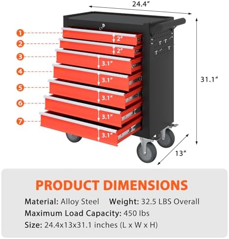 7-Drawer High Capacity Rolling Tool Box, Removable Cabinet Storage Tool Chest with Wheels and Drawers, Detachable Toolbox with Lock for Mechanics Garage Workshop and Tool Room (Black&red)