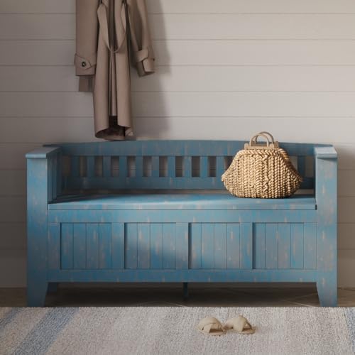 SIMPLIHOME Acadian 48" Wide Solid Wood Storage Bench in Coastal Blue