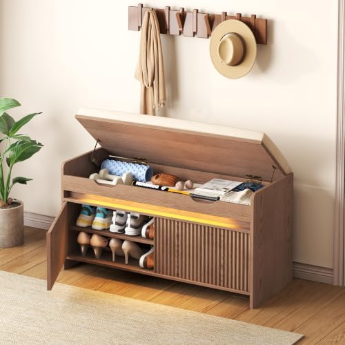 HOMEFORT Shoe Storage Bench, Modern Entryway Bench with Fluted Doors & Built-in LED Sensor Light, Wooden Shoe Bench with Cushion for Hallway and Bedroom, Walnut