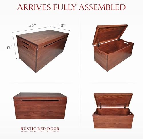 Amish Made Wooden Storage Chest Trunk Box with Lid and Handles for Bedroom, Blanket, Clothes, Anti-Slam Hinges, Handmade, Rustic, Oak Wood, Cherry Stain, 42"