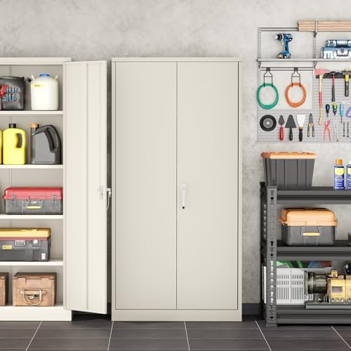 INTERGREAT Metal Garage Storage Cabinet with Lock, 72" Storage Cabinet with Locking Doors and 4 Adjustable Shelves, Lockable Steel Tool Cabinet for Home Office, School, Cream Grey