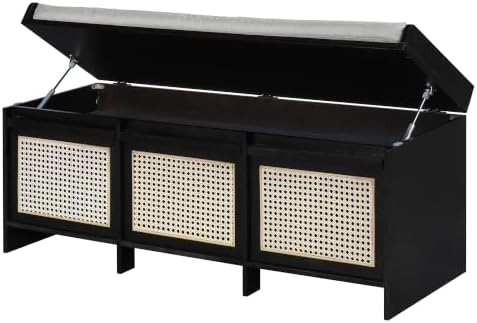 SOFTSEA 48" Shoe Storage Bench with Cushion, 2-Tier Entryway Bench with 3 Rattan Storage Drawers & Lift Top Storage, Retro Shoe Cabinet for Hallway, Bedroom, Living Room, Black