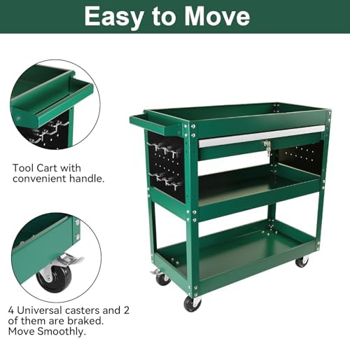 Tool Chest with Wheels, 3-Tier Rolling Tool Box with 1 Drawer & Hooks, Heavy Duty Utility Industrial Service Cart with Locking System Drawer for Garage, Warehouse & Repair Shop,Green