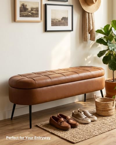 Storage Ottoman Bench, 43.7"PU Leather End of Bed Bench Walnut Brown