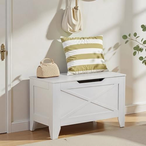 VECELO 30" Storage Bench, Farmhouse Entryway Shoe Ottoman, White