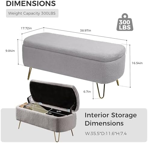 End of Bed Storage Bench for Bedroom, Small Boucle Storage Ottoman for Living Room Entryway, Teddy Fabric Upholstered Under Window Bench, Gold Legs, Grey