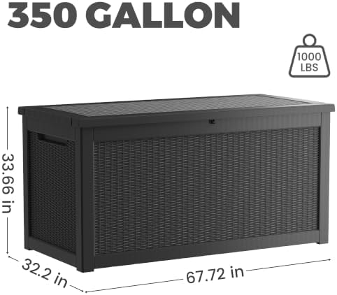 350 Gallon Outdoor Storage Box, Extra Large Waterproof Resin Deck Box with Lockable Lid Storage Bin for Patio Furniture Cushion, Garden Tools, Pool Accessories, UV-Resistant Outside, Black