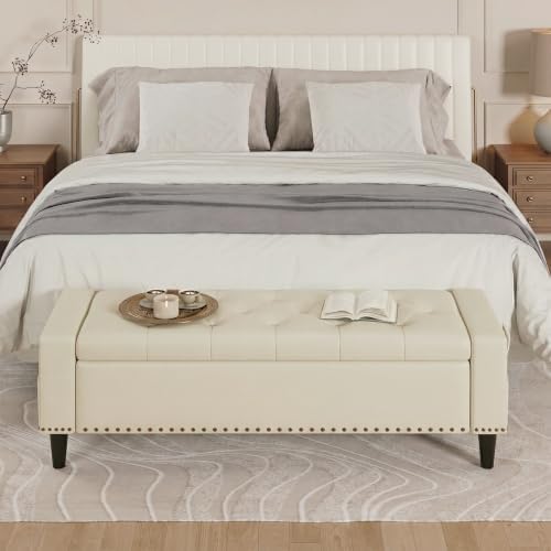 60" Storage Ottoman Bench, Faux Leather Upholstered Bed Bench, Cream White