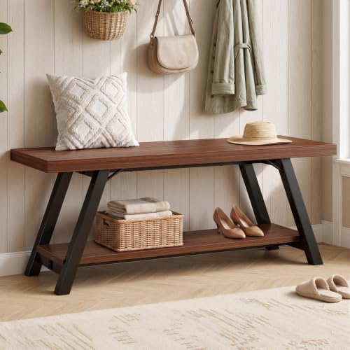 LVB Industrial Entryway Bench with Storage, Wood and Metal Bedroom Bench