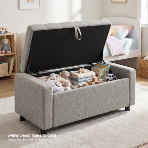 46" Storage Ottoman Bench, 30Gal Linen Tufted, End of Bed Bench