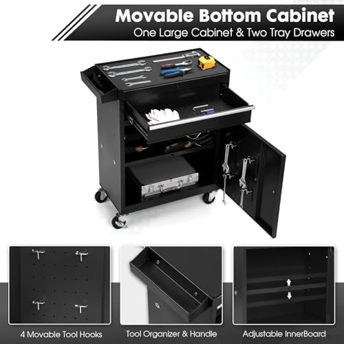 Dawmilon 5-Drawer Rolling Tool Chest with Wheels - High Capacity Tool Cabinet with Detachable Top Toolbox for Garage and Workshop Organization - Metal Tool Cart with Liner & 4 Hooks, Black