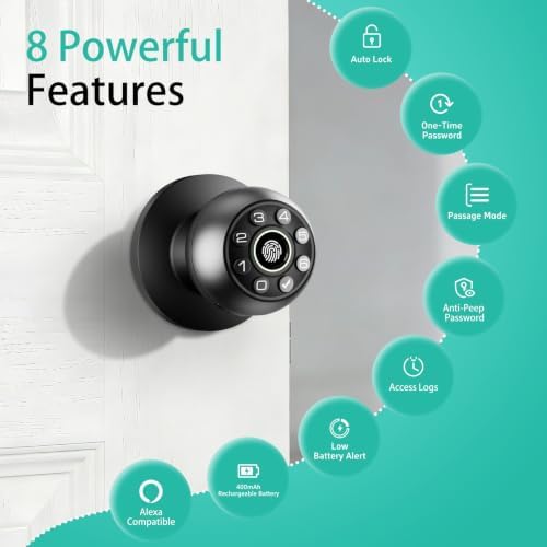 Fingerprint Door Lock with Keypad & Handle | Keyless Entry Smart Biometric Door Knob for Bedroom, Home Office Passcode Lock