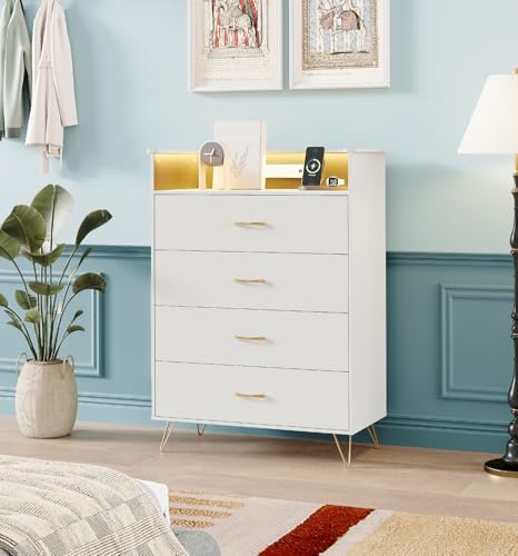 Jojoka 4 Drawer Dresser with RGB LED Light & Charging Station - Modern Chest of Drawers with App Control - Tall Wooden Dressers Chest, Closet for Bedroom, Living Room, Entryway, Hallway – White