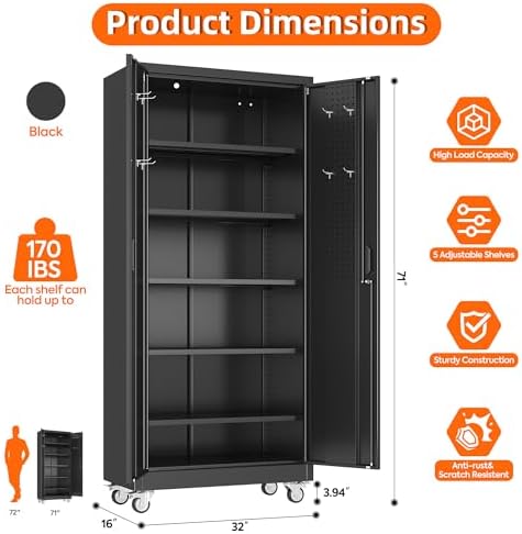71" Metal Storage Cabinet with Wheels, 5 Adjustable Shelves, Black