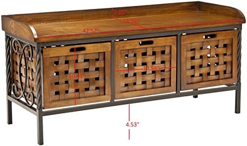 SAFAVIEH Home Collection – Isaac Oak Wooden Storage Bench with Drawers, Entryway & Mudroom Seating, Iron Frame Design, Fully Assembled (AMH6530A)