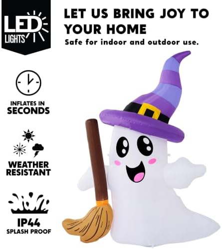 JOYIN Halloween Inflatables Ghost Outdoor Decorations, Cute Blow Up Ghost Holding Broom with LED, Blow Up Yard Decorations for Halloween Outdoor Yard Garden Lawn Party Decor