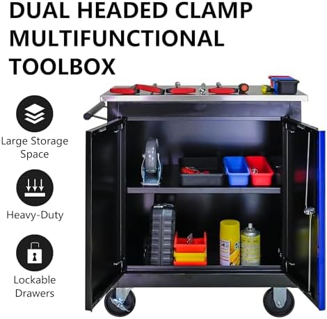 Double-Door Heavy-Duty Rolling Steel Tool Cart with Handle&Wheels, Metal Storage Organizer Cabinet, Tool Chest for Efficient Tool Storage in Garage, Warehouse, Workshop, Repair Shop, Blue
