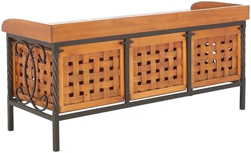 SAFAVIEH Home Collection – Isaac Oak Wooden Storage Bench with Drawers, Entryway & Mudroom Seating, Iron Frame Design, Fully Assembled (AMH6530A)