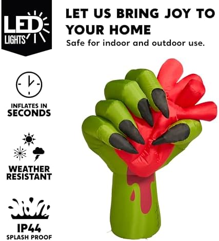 JOIEDOMI 5 Ft Halloween Inflatables Zombie Hand Outdoor Decorations, Blow Up Decors with Build-in LEDs and Pumping Heart, Halloween Inflatables Zombie Hand Party Decoration for Yard Garden Lawn