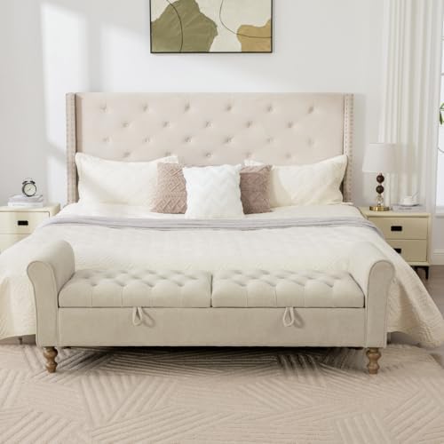 Storage Bench for Bedroom, 65.2'' Tufted End of Bed King Size Upholstered Extra-Long Bench with Dual Flip-Top Lids for Entryway, Hallway, Cloakroom, Window, Griege.