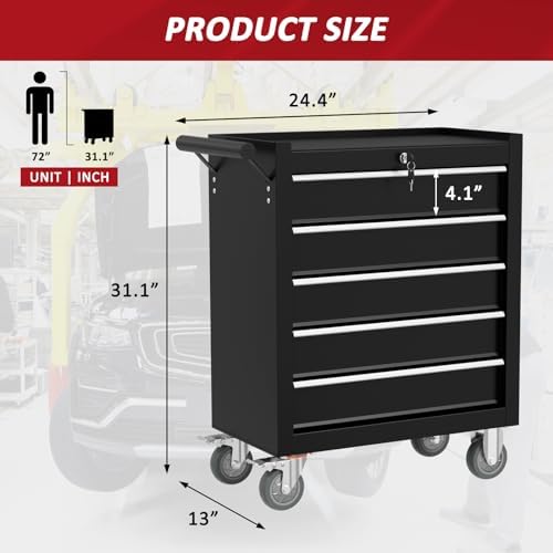 5 Drawers Rolling Tool Chest with Wheels, Portable Rolling Tool Boxes with Wheels, Tool Box Storage Cabinet with Locking System for Garage (Black, 5 Drawers)