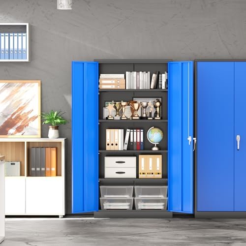 INTERGREAT Metal Garage Storage Cabinet with Lock, 72" Storage Cabinet with Locking Doors and 4 Adjustable Shelves, Lockable Steel Tool Cabinet for Home Office, School, Black Blue