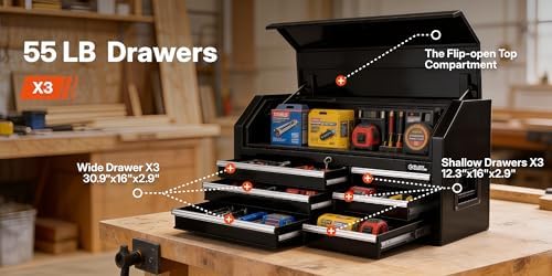 42" Rolling Tool Chest with 6 Drawers - Tool Box with Ball Bearing Slides, Iron Lift-Latch Handles, Flip-Open Top Compartment, Slip-Resistant Liners, Ideal for Garage, Workshop, and Industrial Storage