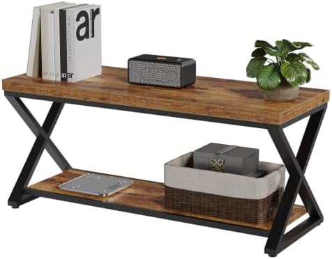 IBF Rustic Entryway Bench with Storage, Rustic Brown Wood and Metal Bench